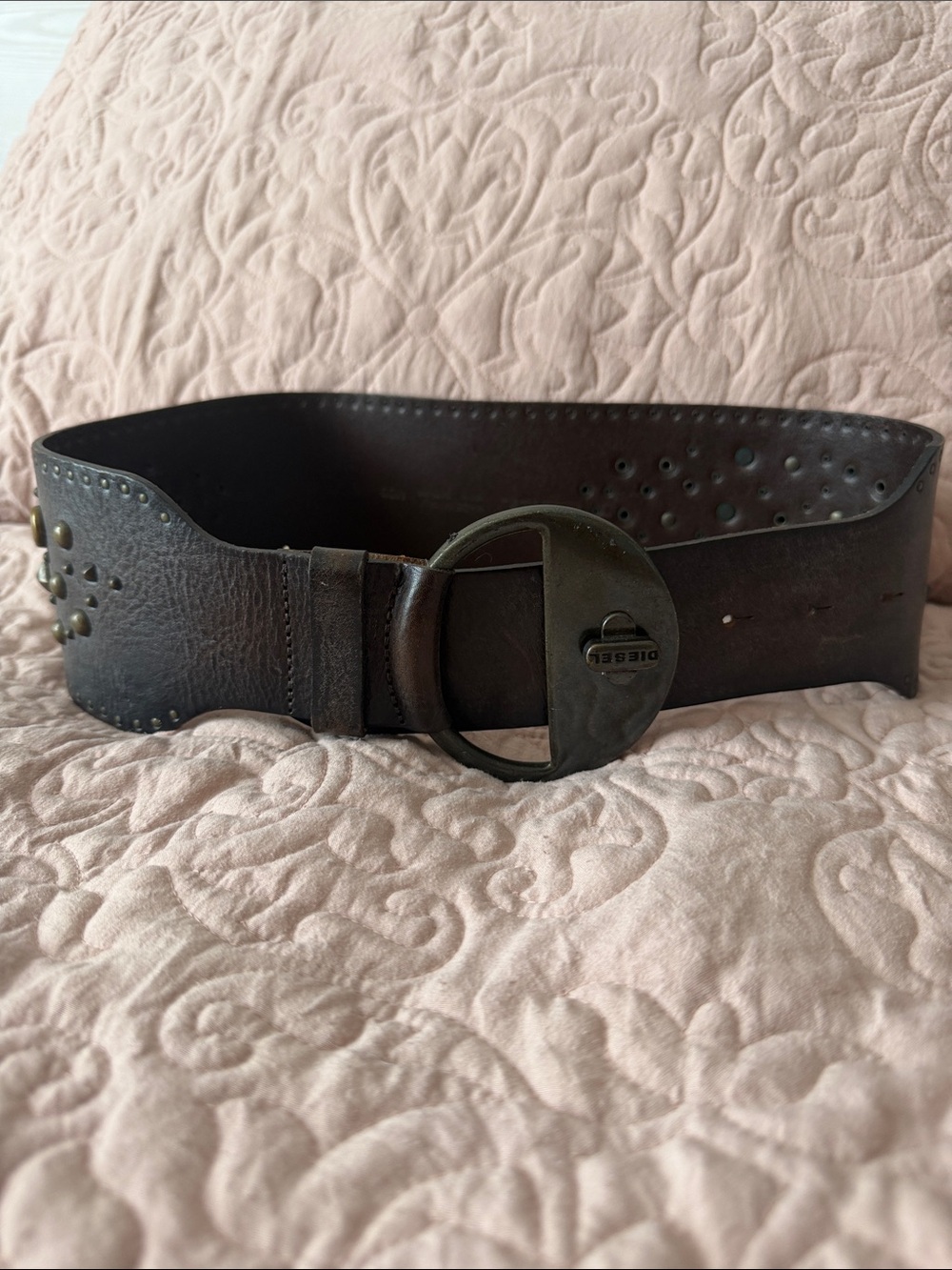 Diesel Dark Brown Leather Wide Belt with Round Metal Buckle